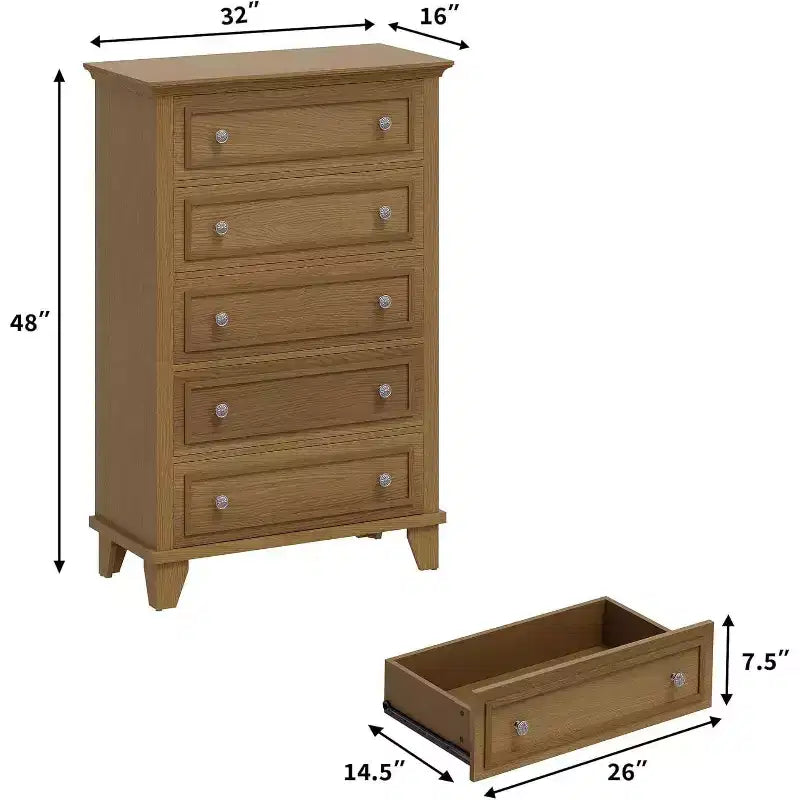 Commode en bois à 5 tiroirs de 122 cm de hauteur, commode moderne avec grand espace de rangement et poignées métalliques, meuble de rangement pour chambre à coucher, salon, couloir