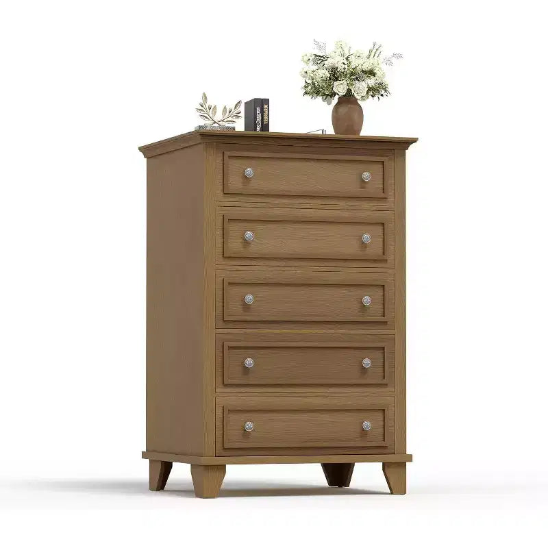 Commode en bois à 5 tiroirs de 122 cm de hauteur, commode moderne avec grand espace de rangement et poignées métalliques, meuble de rangement pour chambre à coucher, salon, couloir