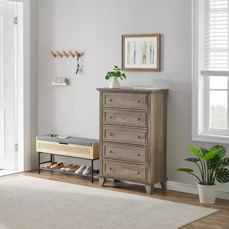 Commode en bois à 5 tiroirs de 122 cm de hauteur, commode moderne avec grand espace de rangement et poignées métalliques, meuble de rangement pour chambre à coucher, salon, couloir
