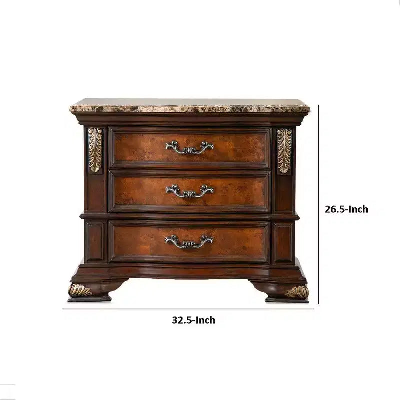 Table de chevet Royal Hampton, 3 tiroirs, Chêne orné et brun cerisier foncé, 33 pouces