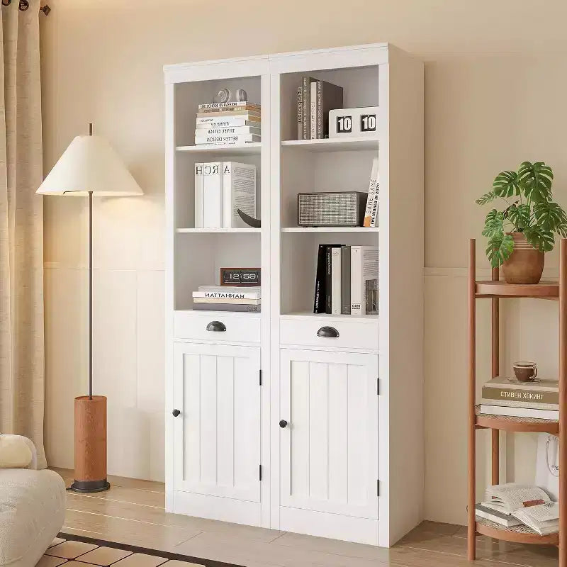 Acekool Bibliothèque haute de 180 cm avec armoire, bibliothèque à 3 étagères et rangement réglable, organisateur moderne, blanc, lot de 2