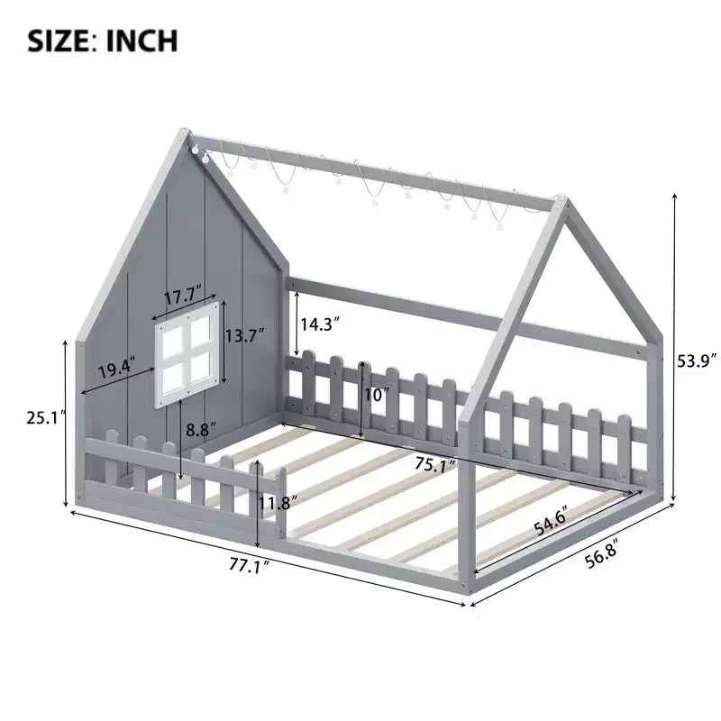 Cadre de lit double Okak avec tête de lit de rangement, lit plateforme double en bois massif avec fenêtre et clôture pour chambre à coucher, gris