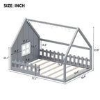 Cadre de lit double Okak avec tête de lit de rangement, lit plateforme double en bois massif avec fenêtre et clôture pour chambre à coucher, gris