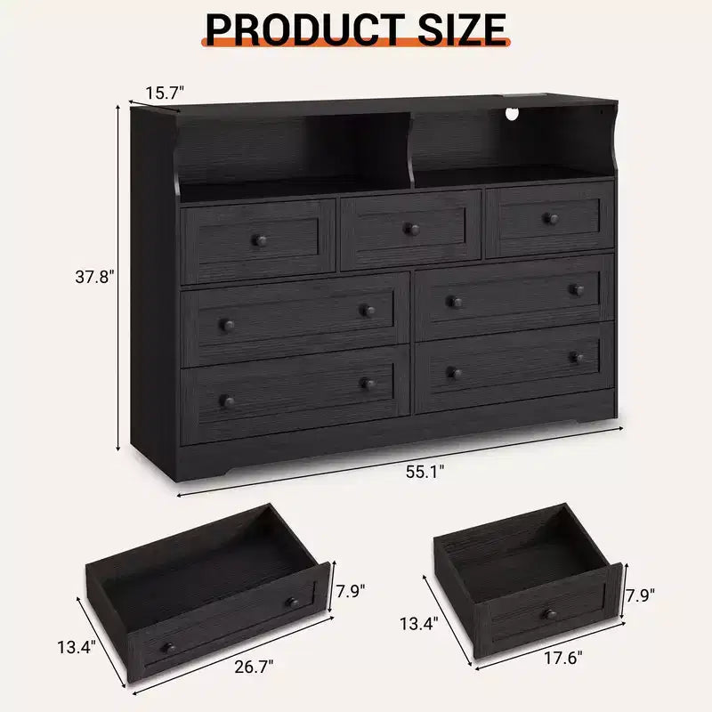 Coolmee 7-Drawer Dresser with Charging Station & LED Lights, Wood Storage Cabinet with 2 Open CompartmentsLarge Capacity Storage Organizer
