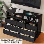 Coolmee 7-Drawer Dresser with Charging Station & LED Lights, Wood Storage Cabinet with 2 Open CompartmentsLarge Capacity Storage Organizer