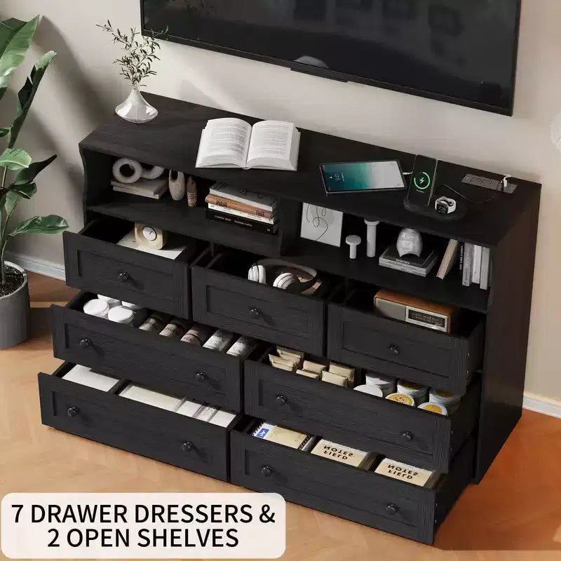Coolmee 7-Drawer Dresser with Charging Station & LED Lights, Wood Storage Cabinet with 2 Open CompartmentsLarge Capacity Storage Organizer