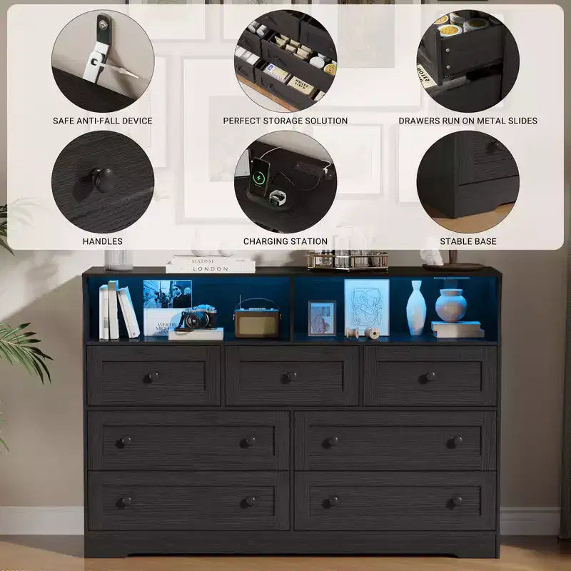 Coolmee 7-Drawer Dresser with Charging Station & LED Lights, Wood Storage Cabinet with 2 Open CompartmentsLarge Capacity Storage Organizer