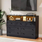 Coolmee 7-Drawer Dresser with Charging Station & LED Lights, Wood Storage Cabinet with 2 Open CompartmentsLarge Capacity Storage Organizer