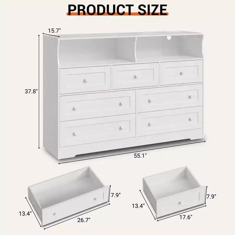Coolmee 7-Drawer Dresser with Charging Station & LED Lights, Wood Storage Cabinet with 2 Open CompartmentsLarge Capacity Storage Organizer