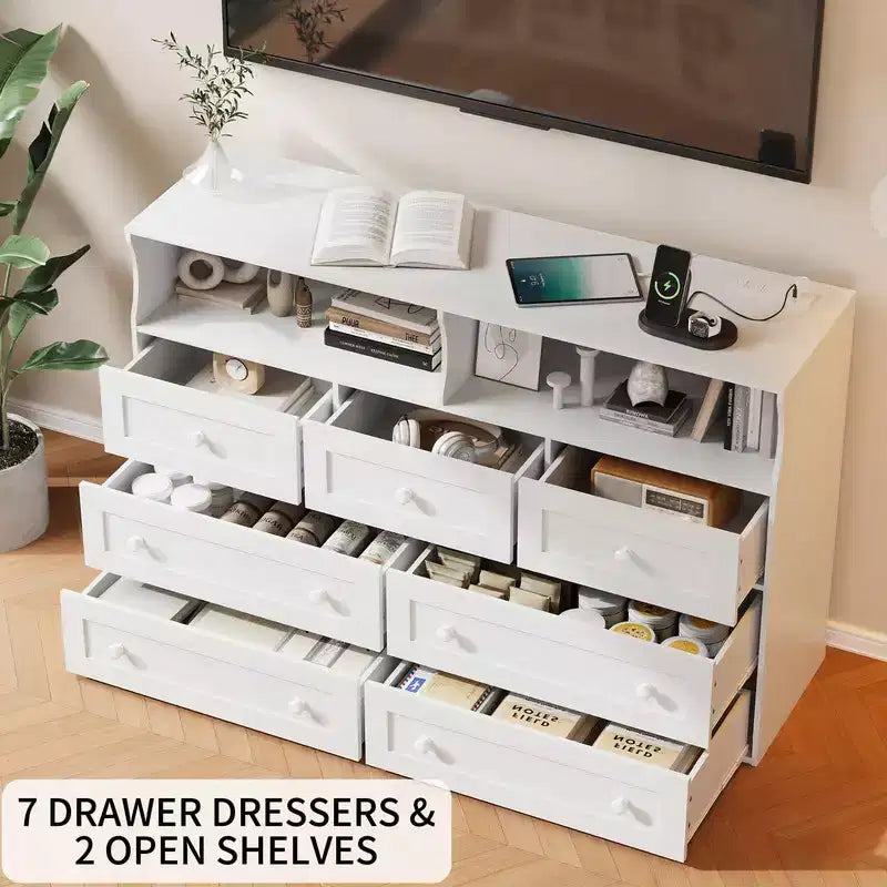Coolmee 7-Drawer Dresser with Charging Station & LED Lights, Wood Storage Cabinet with 2 Open CompartmentsLarge Capacity Storage Organizer