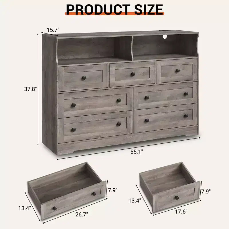 Coolmee 7-Drawer Dresser with Charging Station & LED Lights, Wood Storage Cabinet with 2 Open CompartmentsLarge Capacity Storage Organizer