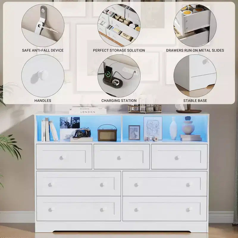 Coolmee 7-Drawer Dresser with Charging Station & LED Lights, Wood Storage Cabinet with 2 Open CompartmentsLarge Capacity Storage Organizer