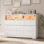 Coolmee 7-Drawer Dresser with Charging Station & LED Lights, Wood Storage Cabinet with 2 Open CompartmentsLarge Capacity Storage Organizer