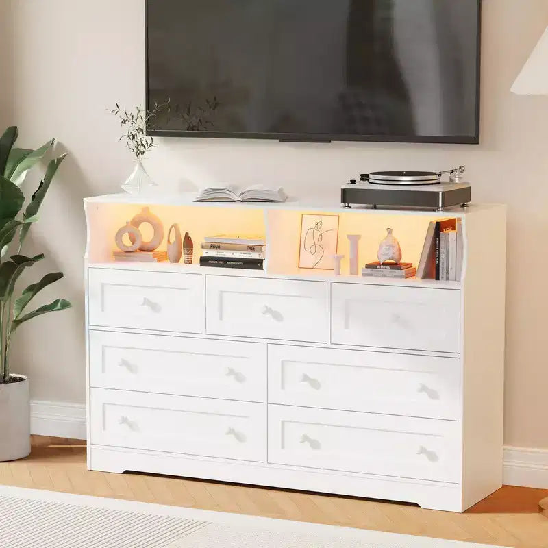 Coolmee 7-Drawer Dresser with Charging Station & LED Lights, Wood Storage Cabinet with 2 Open CompartmentsLarge Capacity Storage Organizer