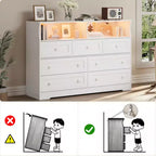 Coolmee 7-Drawer Dresser with Charging Station & LED Lights, Wood Storage Cabinet with 2 Open CompartmentsLarge Capacity Storage Organizer