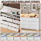 Coolmee 7-Drawer Dresser with Charging Station & LED Lights, Wood Storage Cabinet with 2 Open CompartmentsLarge Capacity Storage Organizer