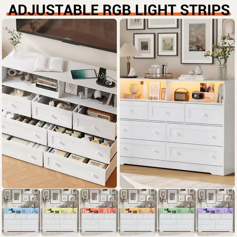 Coolmee 7-Drawer Dresser with Charging Station & LED Lights, Wood Storage Cabinet with 2 Open CompartmentsLarge Capacity Storage Organizer