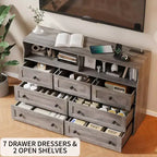Coolmee 7-Drawer Dresser with Charging Station & LED Lights, Wood Storage Cabinet with 2 Open CompartmentsLarge Capacity Storage Organizer