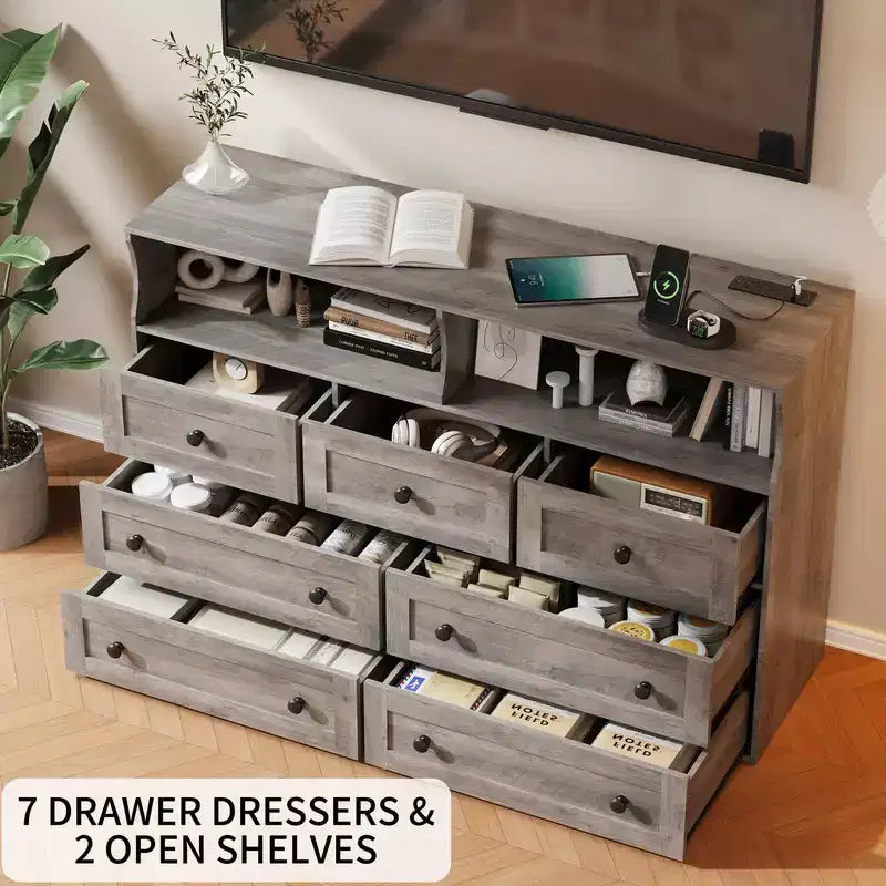 Coolmee 7-Drawer Dresser with Charging Station & LED Lights, Wood Storage Cabinet with 2 Open CompartmentsLarge Capacity Storage Organizer