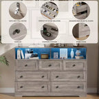 Coolmee 7-Drawer Dresser with Charging Station & LED Lights, Wood Storage Cabinet with 2 Open CompartmentsLarge Capacity Storage Organizer