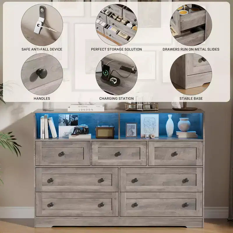 Coolmee 7-Drawer Dresser with Charging Station & LED Lights, Wood Storage Cabinet with 2 Open CompartmentsLarge Capacity Storage Organizer