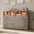 Coolmee 7-Drawer Dresser with Charging Station & LED Lights, Wood Storage Cabinet with 2 Open CompartmentsLarge Capacity Storage Organizer
