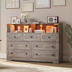 Coolmee 7-Drawer Dresser with Charging Station & LED Lights, Wood Storage Cabinet with 2 Open CompartmentsLarge Capacity Storage Organizer