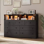 Coolmee 7-Drawer Dresser with Charging Station & LED Lights, Wood Storage Cabinet with 2 Open CompartmentsLarge Capacity Storage Organizer