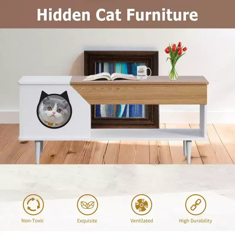 GustoWave 45 Table Basse de Ferme pour Chat avec Cachette, Table Basse Carrée en Bois avec Niche pour Chat