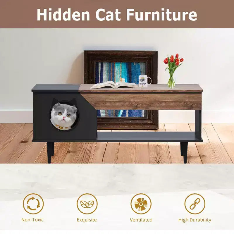 GustoWave 45 Table Basse de Ferme pour Chat avec Cachette, Table Basse Carrée en Bois avec Niche pour Chat