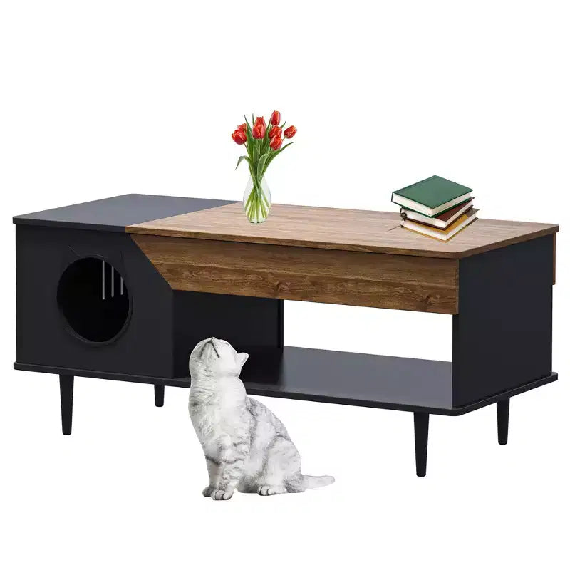 GustoWave 45 Table Basse de Ferme pour Chat avec Cachette, Table Basse Carrée en Bois avec Niche pour Chat