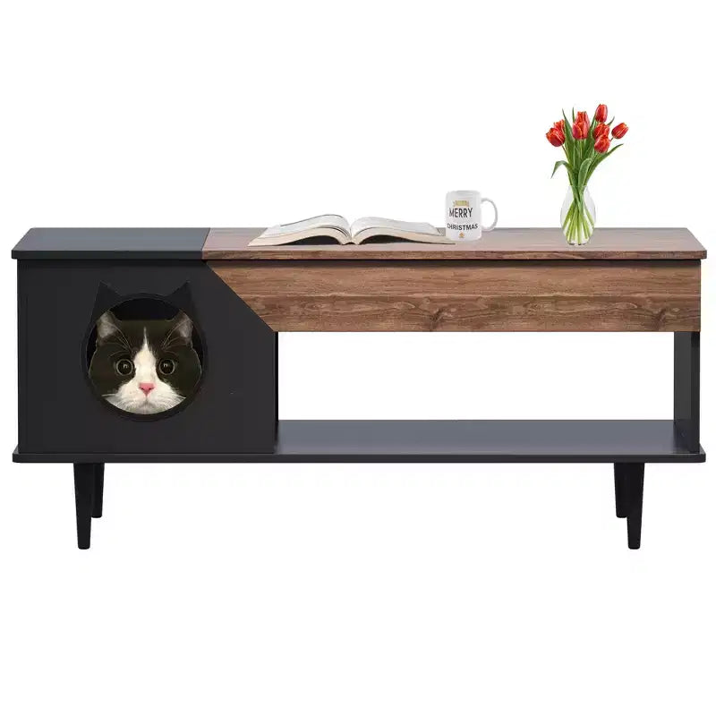 GustoWave 45 Table Basse de Ferme pour Chat avec Cachette, Table Basse Carrée en Bois avec Niche pour Chat