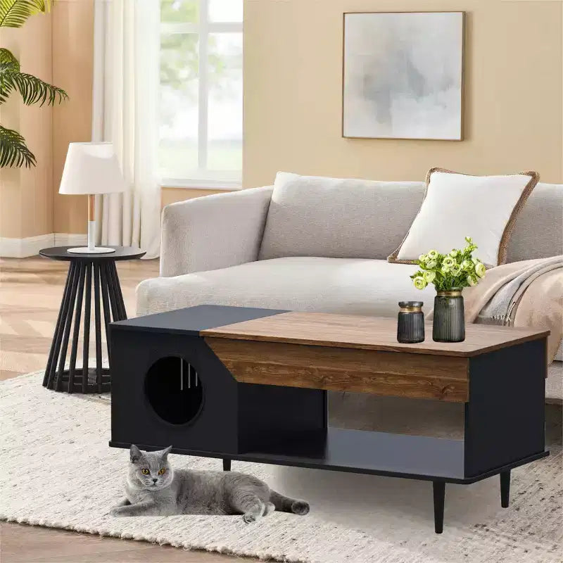 GustoWave 45 Table Basse de Ferme pour Chat avec Cachette, Table Basse Carrée en Bois avec Niche pour Chat