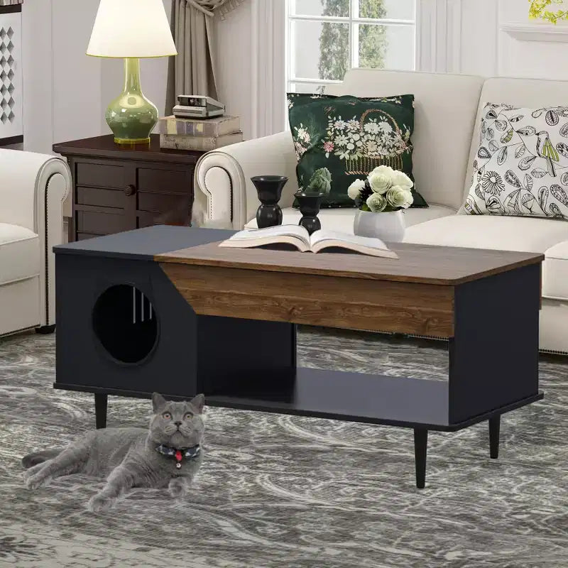GustoWave 45 Table Basse de Ferme pour Chat avec Cachette, Table Basse Carrée en Bois avec Niche pour Chat