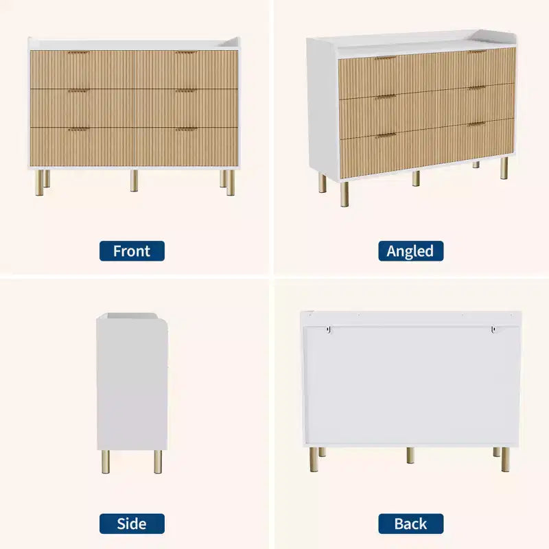 Commode double cannelée à 6 tiroirs pour chambre à coucher, organisateur de commode de rangement en bois pour chambre à coucher, salon
