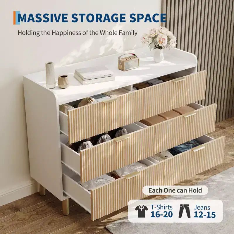 Commode double cannelée à 6 tiroirs pour chambre à coucher, organisateur de commode de rangement en bois pour chambre à coucher, salon