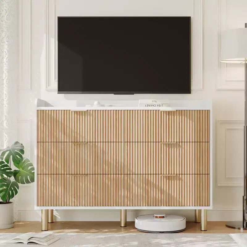 Commode double cannelée à 6 tiroirs pour chambre à coucher, organisateur de commode de rangement en bois pour chambre à coucher, salon