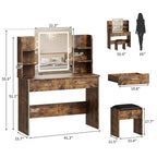 Coiffeuse avec miroir et lumières, ensemble coiffeuse de maquillage avec tabouret rembourré, prise de courant, 6 étagères de rangement, 2 grands tiroirs