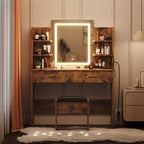 Coiffeuse avec miroir et lumières, ensemble coiffeuse de maquillage avec tabouret rembourré, prise de courant, 6 étagères de rangement, 2 grands tiroirs