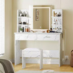 Coiffeuse avec miroir et lumières, ensemble coiffeuse de maquillage avec tabouret rembourré, prise de courant, 6 étagères de rangement, 2 grands tiroirs