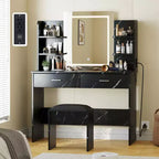 Coiffeuse avec miroir et lumières, ensemble coiffeuse de maquillage avec tabouret rembourré, prise de courant, 6 étagères de rangement, 2 grands tiroirs