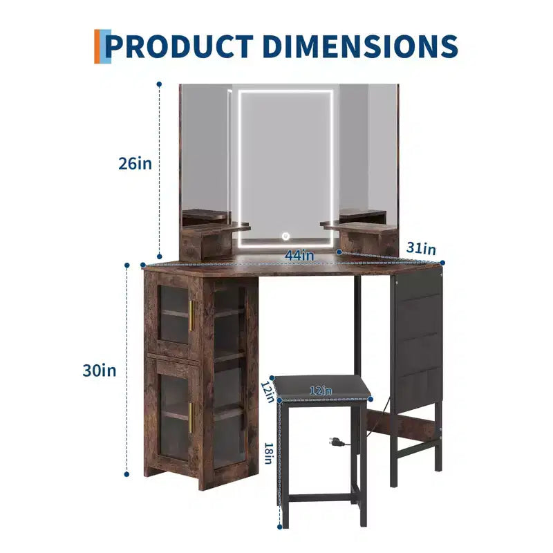 Coiffeuse d'angle et tabouret, Coiffeuse d'angle avec miroir lumineux LED, station de charge et armoire pour chambre à coucher