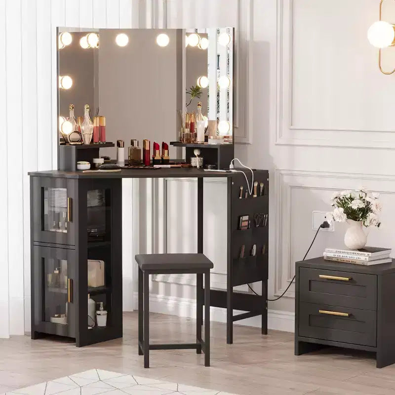 Coiffeuse d'angle et tabouret, Coiffeuse d'angle avec miroir lumineux LED, station de charge et armoire pour chambre à coucher
