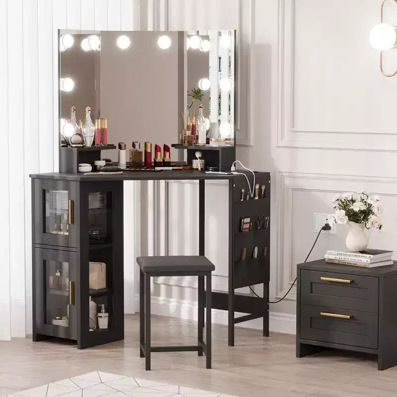 Coiffeuse d'angle et tabouret, Coiffeuse d'angle avec miroir lumineux LED, station de charge et armoire pour chambre à coucher