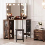 Coiffeuse d'angle et tabouret, Coiffeuse d'angle avec miroir lumineux LED, station de charge et armoire pour chambre à coucher