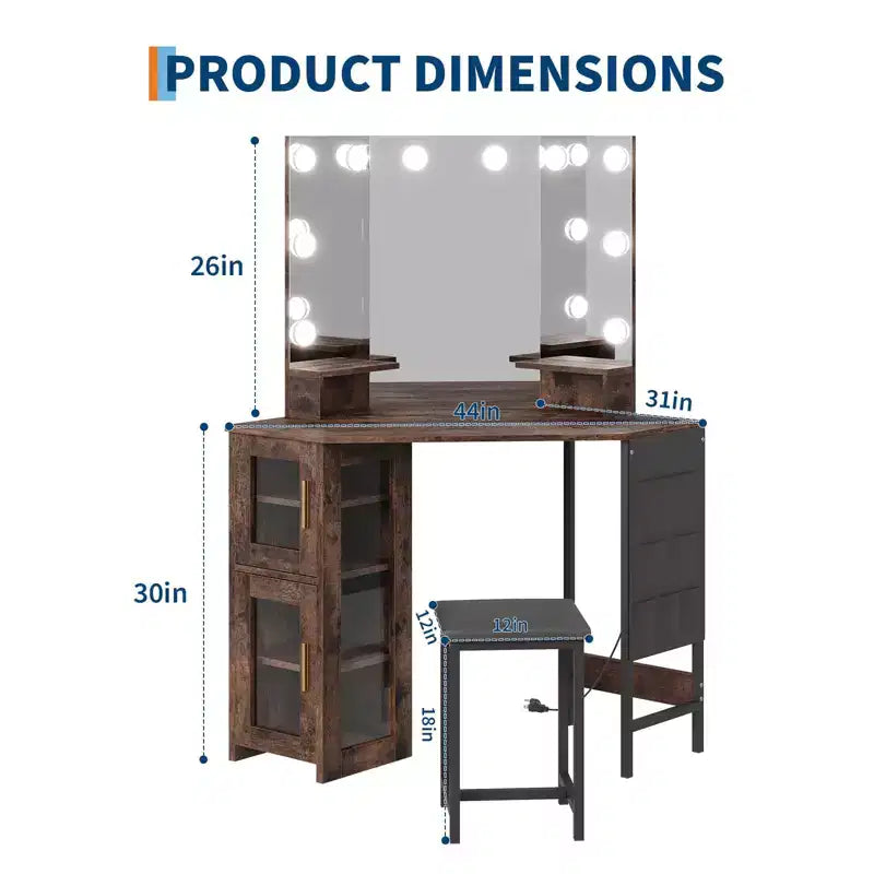 Coiffeuse d'angle et tabouret, Coiffeuse d'angle avec miroir lumineux LED, station de charge et armoire pour chambre à coucher