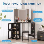 Coiffeuse d'angle et tabouret, Coiffeuse d'angle avec miroir lumineux LED, station de charge et armoire pour chambre à coucher