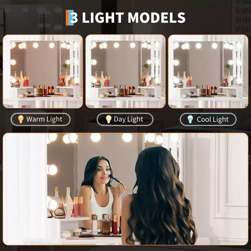 Coiffeuse d'angle et tabouret, Coiffeuse d'angle avec miroir lumineux LED, station de charge et armoire pour chambre à coucher