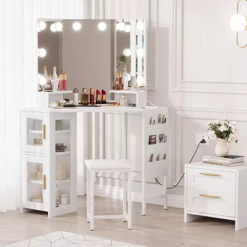 Coiffeuse d'angle et tabouret, Coiffeuse d'angle avec miroir lumineux LED, station de charge et armoire pour chambre à coucher