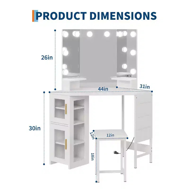Coiffeuse d'angle et tabouret, Coiffeuse d'angle avec miroir lumineux LED, station de charge et armoire pour chambre à coucher